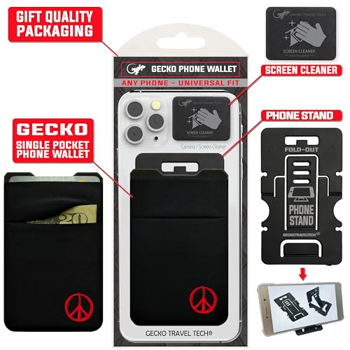 Image of Gecko Travel Tech Double Pocket - Adhesive Card Holder - Cell Phone Pouch - Stick on Spandex Pocket - Carry Credit Cards and Cash (PEACE)