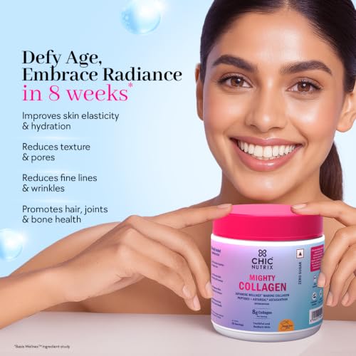 Image of Chicnutrix Marine Collagen Supplements Powder for Women & Men | 8000mg Japanese Wellnex Marine Collagen Peptides, AstaReal Astaxanthin | Zero Sugar, Fast Absorption & No Fishy Aftertaste | Mango Flavour, 25 Servings
