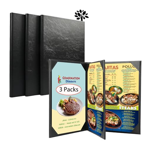 3 Packs of Leather Menu Covers Holders with Strong Wood Inside for 8.5x11 Inches,Four Views Leather Menu Holder for Wine List, Drinks, Cafes, Bar, Hotel,Cocktail(8.5" x11", 4 View-Book Style/3 pcs)