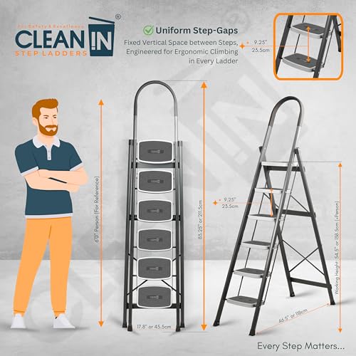 Image of CLEAN IN 6 Step Premium Foldable Household Steel Ladder ~ for Home, Garage, Kitchen. Wide & Anti-Skid Steps, 150 kg Load Capacity, Reinforced Hinges ~ (Shades of Grey)