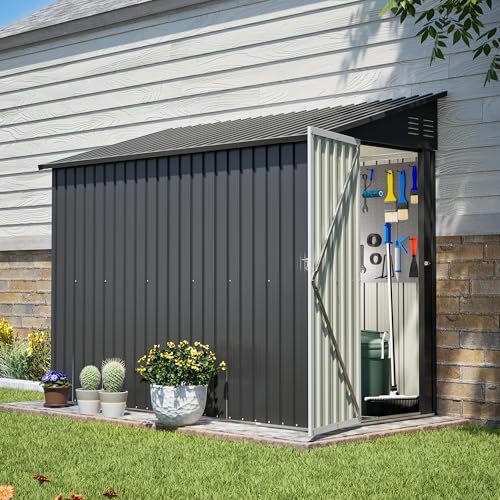Image of YOPTO 4x8 FT Lean to Outdoor Storage Shed,Metal Shed W /Floor Frame & Reversible Installation,All Weather Waterproof Garden Tool House W /Lockable Door & 2 Air Vents,for Backyard,Patio,Lawn,Black