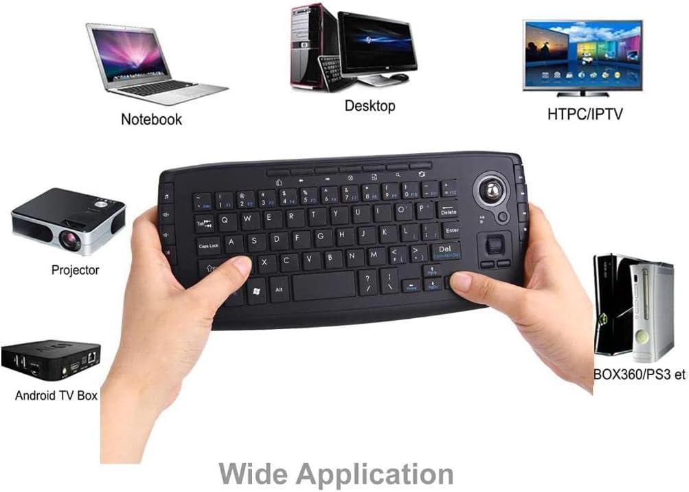 Multimedia 2.4Ghz Wireless Mini Handheld Keyboard with Trackball Mouse Scroll Wheel for Windows, Mac, Android Joystick Remote Controller with 2XAA Batteries