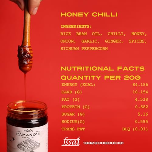 Image of RAMANO'S Honey Chilli 240 Gms Each, Sweet & Spicy Sauce with Pure Honey, Sichuan Peppercorn, 5 Chillies with No Sugar Added, Perfect for Grilling, Marinades, Dips for Rice, Noodles & Pizza (Pack of 2)
