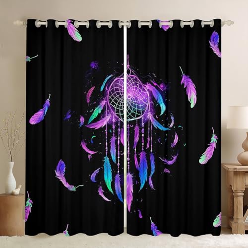 Homemissing Dreamcatcher Curtains (2 Panels,W52*L63) For Bedroom Kids Girls Boys Boho Dream Catcher Decor Window Curtain Feather Print 30%-50% Blackout Curtains Bird Feathers Element Window Treatments