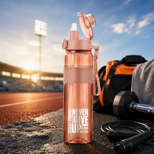 Image of Motivational Sports Water Bottle 1000ml BPA-Free Plastic Bottle with Flip Lid & Straw Reusable Leakproof Drinking Bottle for Gym, School, Office, Home & Outdoor Activities (black, pack of 1) (pink)