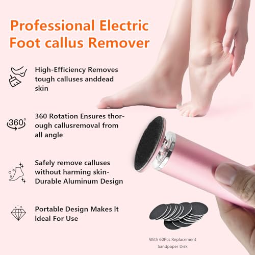 Electric Foot File Remover Callus, Professional Adjustable Speed Foot File Grinder with 60pcs Replacement Sandpaper Disks for Men & Women - for Dead Skin, Calluses, Dry & Cracked Feet (Black)