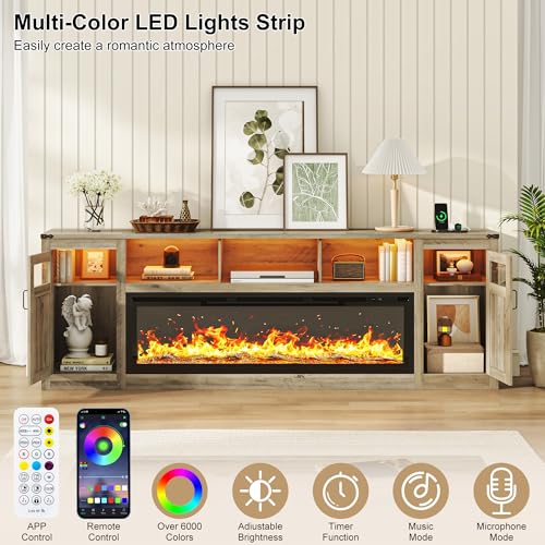 Image of Fireplace TV Stand for 100 Inch TV, 95 inch Farmhouse Entertainment Center with 60 inch Electric Fireplace & LED Lights, Large Media Console for Living Room, Rustic Barn Doors, Power Outlets,Grey