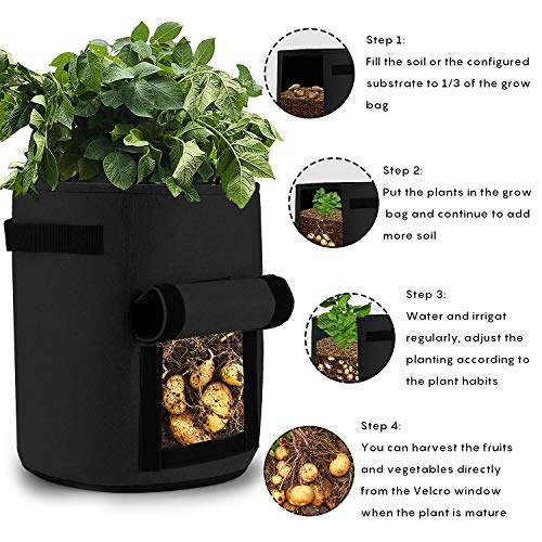 Foto von Ulikey 2er Pack Kartoffel Pflanzbeutel, Pflanztasche, Pflanztasche mit Sichtfenster Klettverschluss, Vliestopfbehälter für Pflanzbeutel Kartoffel Tomaten Kartoffelsack (2er-Pack Schwarz, 7 Gallonen)