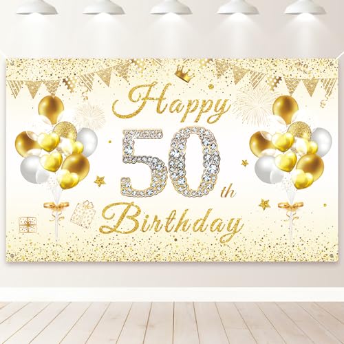 PartyYaa Décorations de Bannière pour 50e Anniversaire, Toile de Fond Joyeux 50e Anniversaire, Décoration Extra Large pour Photo Booth de Fête - Affiche pour Homme et Femme