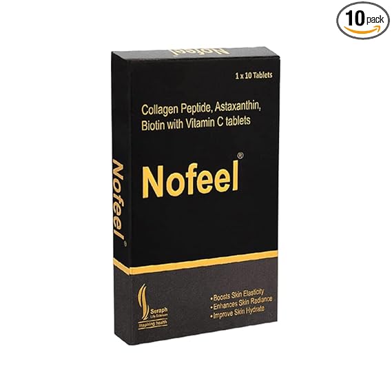 Nofeel Hydrolyzed Marine Collagen (Type I & Type III) Tablets with Astaxanthin, Biotin & Vitamin C for Men & Women, Reduce Wrinkles & Fine Lines, For Hair Growth & Healthy Skin, 1 Strip of 10 Tablets