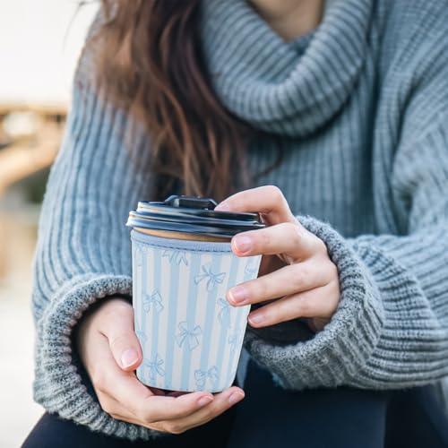 Image of Reusable Insulated Sleeve for Iced Coffee Cup, Coffee Neoprene Sleeve for Cold & Hot Drinks, Beverage Holder for Iced Coffee (Blue Stripe Bows, Small: 16-18oz)
