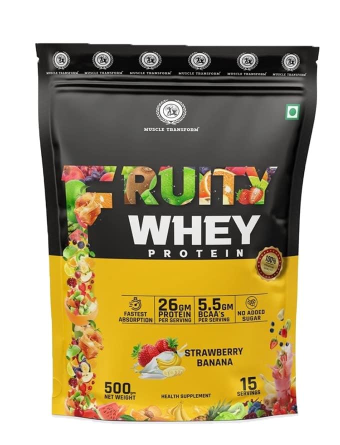 Muscle Transform Fruity Whey Protein Isolate, 26g Protein, 5.5 BCAAs, 6g Glutamine, 15g EAA | Muscle-Building Whey Protein Supplement Powder | Lean Muscle Growth, Enhance Recovery, Refreshing Whey for Men Women [Strawberry Banana, 500g]