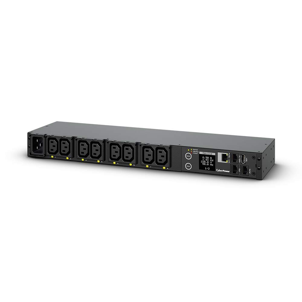CyberPower PDU81005 Rack PDU 1U switched, Echtzeit Monitoring pro Steckdose und Remote Neustart, 8x IEC C13, 100–240V Eingang IEC C14, LCD farblich konfigurierbar, RJ45 SNMP, Daisy Chain, Stahlgehäuse