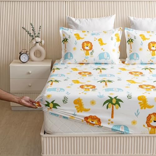 Image of Filymore Kids White Lion Design Elastic Fitted Bedsheet for Double Bed (72x72 inches), Pure Microfiber, 1 Bedsheet & 2 Pillow Covers, Fits Up to 6 inches. Double Bed Size. (White)