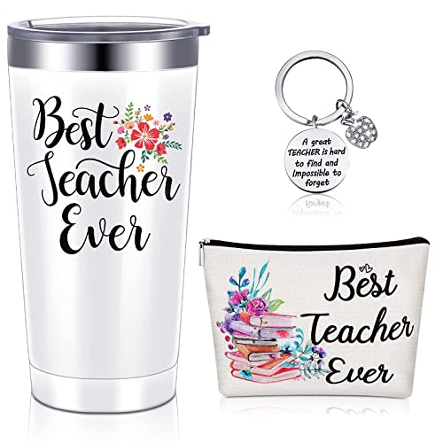 Saintrygo Best Teacher Appreciation Gifts for Women 20 oz Insulated Teacher Tumbler Coffee Mug Keychain Makeup Bag Birthday Graduation Thank You Gifts for Teachers (White, Best Teacher)