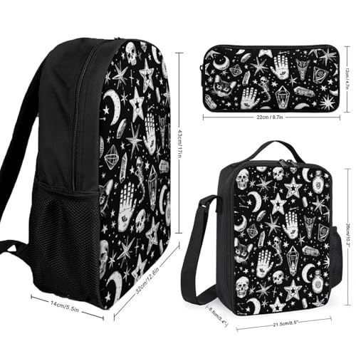 3 Piece Backpack for Women Men Lightweight Causal Daypack Shoulder Bag Set with Insulated Lunch Bag And Pencil Case Organizers Mysterious Symbol Graphics2