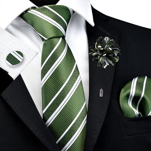 Image of GUSLESON 3.15 inch（8cm） Mens Stripe Tie and Lapel Pin Necktie Hankerchief Cufflinks Set for Men