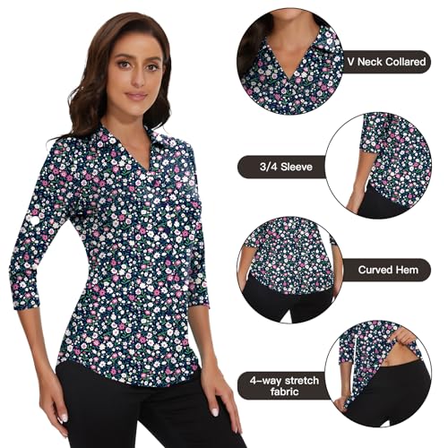 Image of Soneven Womens Golf Polo Shirts 3 /4 Long Sleeve V Neck Button Down Shirts Business Causal Work Blouses Tops