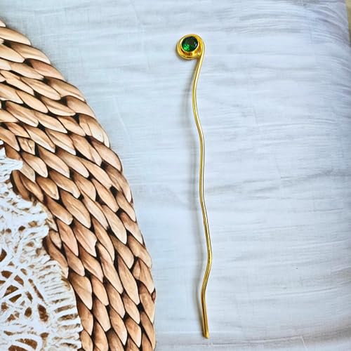 Image of Hair Bun Cage Accessory for Women | Handcrafted Brass Juda Cover with Stick | Anti-Tarnish Traditional Hair Accessory for Wedding & Festive (Dragonfly Green Crystal Hair Bun (Golden))