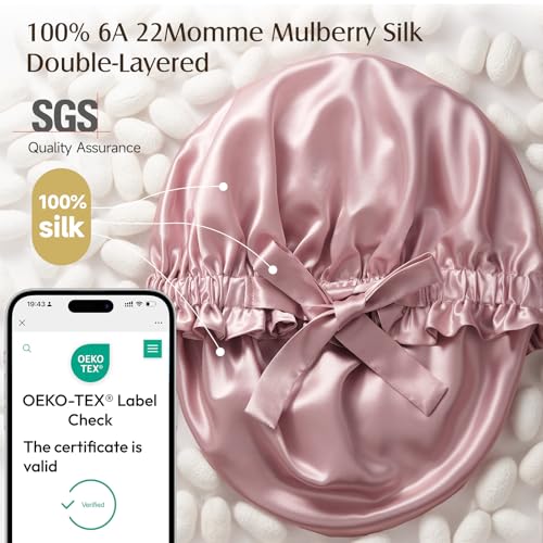 YFONG Double Layered 100% Mulberry Silk Bonnet for Sleeping Women, Large 22MM Luxury Silk Sleep Cap with Elastic Band & Tie, Natural Night Hair Wrap for Hair Care Short Long Curly Hair, Pink - Thumbnail 2