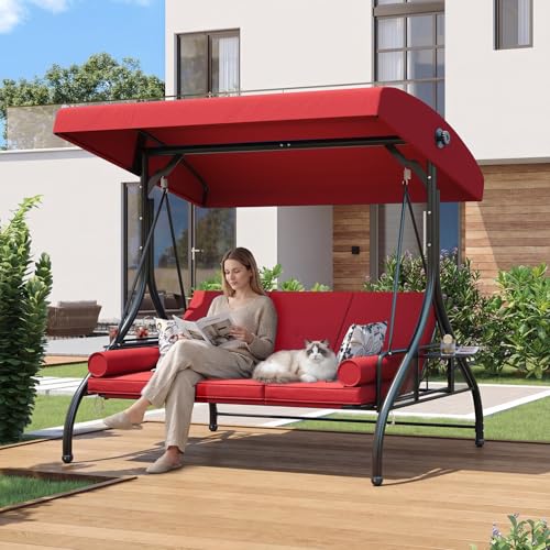 Image of Aoxun Outdoor Porch Swing with Stand and Canopy, 3 Seats Outdoor Swings for Adults, Convertible 2 in 1 Swing Bed with Cup Holder, Patio Swings with String Lights for Garden, Yard & Balcony, Wine