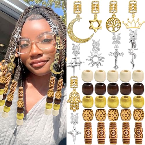 50PCS Joyas para el Cabello Clips Dorados y Plateados para Trenzas Grandes de Madera, Perlas para Dreadlock, Accesorios Vintage para Mujeres