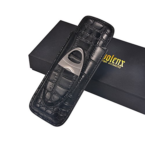 Volenx Travel Cigar Case for 2 Cigars, Leather Humidor Cigar Case with Stainless Steel Cigar Cutter(Black)