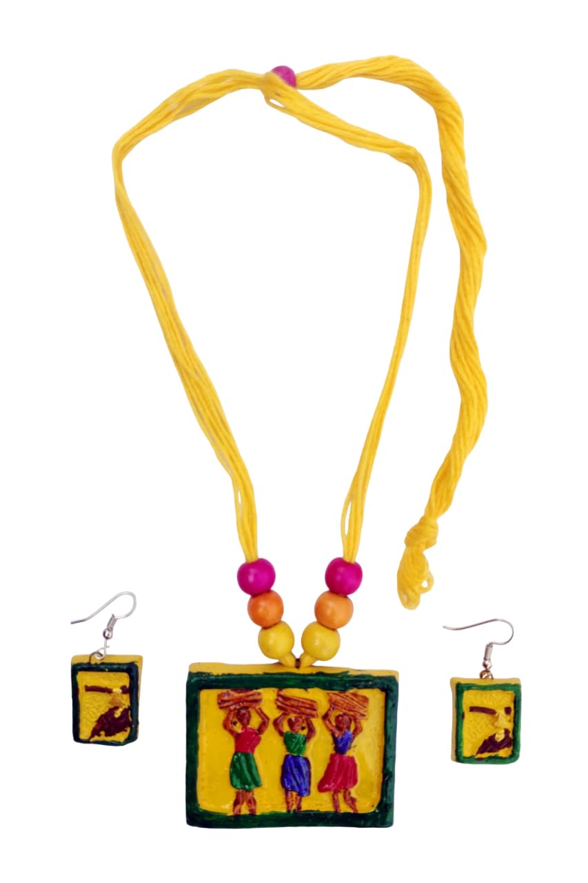 ADRIZAS Traditional Handmade Santhal Pendant Terracotta Necklace and Earring Jewellery Set for Women (YELLOW) (B0D8PPCKM2) Amazon Price History, Amazon Price Tracker