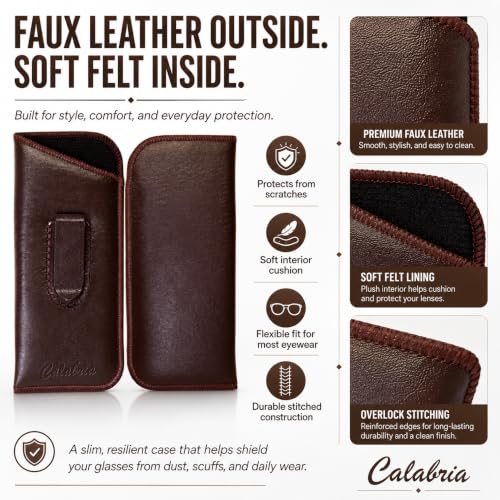 Image of Calabria Slip-In Eye Glasses Case w /Plastic Pocket Clip Faux Leather Felt Brown Men Women Eyeglass Pouch Sunglasses Holder - 12PACK