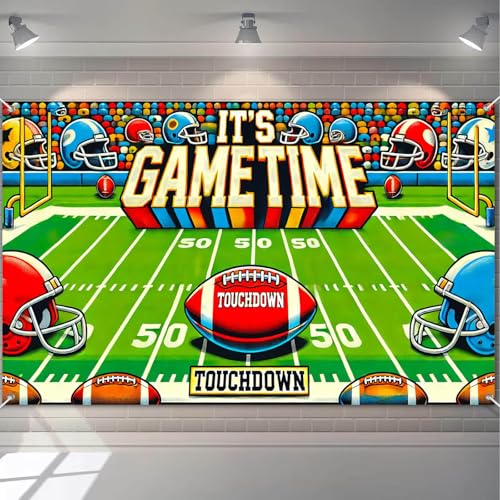 HOMETITUTE Game Time Football Banner 71x43 Inch Stadium Field Backdrop Scoreboard Yard Line Sports Theme Decoration Vibrant Touchdown Party Wall Display for Indoor Outdoor Team Events