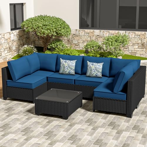 OSGMMOSG U-Shaped Patio Sectional Furniture Set, 7 Piece PE Rattan Wicker Modular Outdoor Couch & Sofa with Coffee Table, 450 lb Capacity