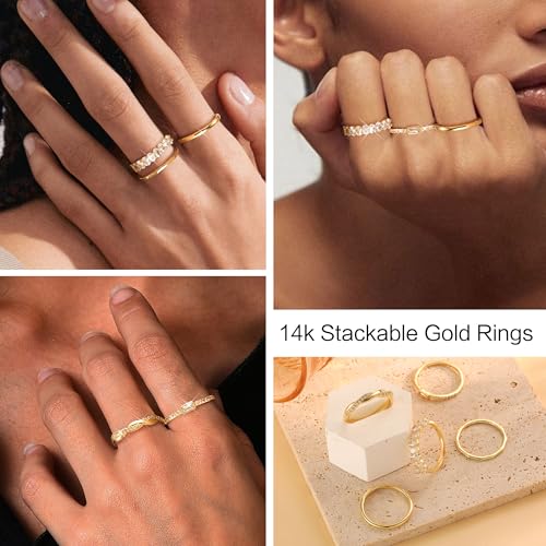 Gold Stackable Rings for Women Non Tarnish,14K Gold Plated Minimalist Waterproof Thin Wedding Silver Stacking Band Ring Dainty Trendy Statement Rings Set Size 5-103