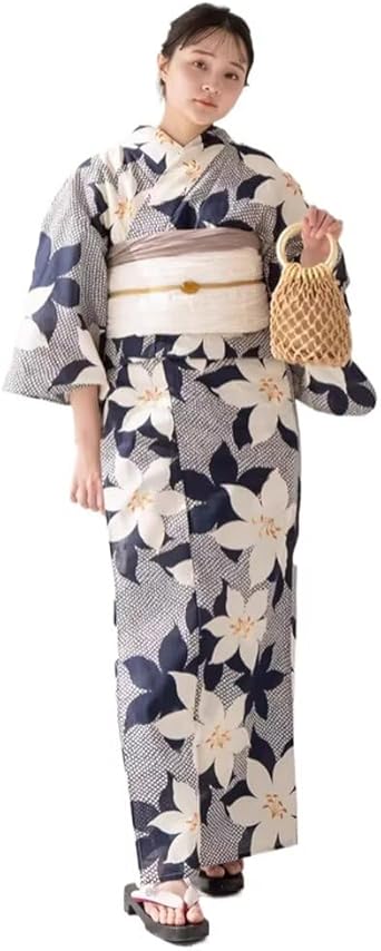 Yukata Dress Women 100% Cotton Comfortable 3-Piece Set Japanese Kimono Floral Print Kimono Robe with Belt Outfit