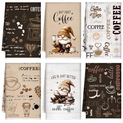 Ferraycle 6 Pcs Coffee Kitchen Towels, Absorbent Dish Towels 24 x 16 Inches, Dish Cloths, Kitchen Decorative Hand Cloths, Gifts for Cooking Baking Bathroom Bar Farmhouse(White and Brown,Coffee Theme)