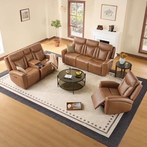 Image of CHITA Zero Gravity Leather Reclining Sofa, Loveseat with Console, Saddle