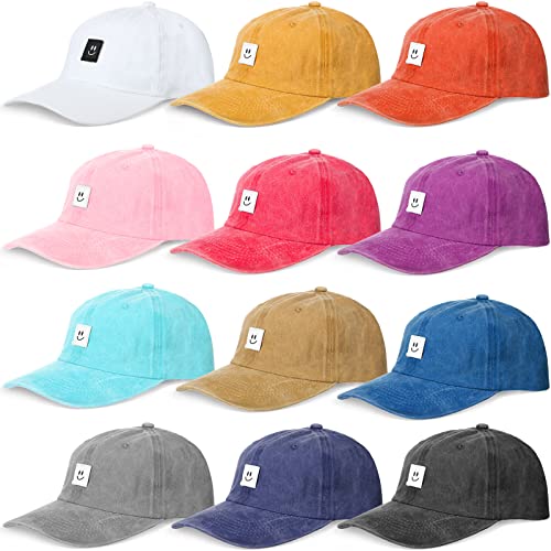 12 Pieces Washed Hats Baseball Caps Smile Dad Hats Bulk Adjustable Unisex Vintage Distressed Hats Cotton Sports Caps For Men Women Teens Adults Outdoor Running Fishing Activities #TOP4