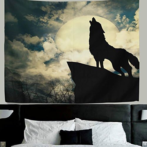 WellLee Wolf Wall Decor Wolf Howling Night Moon Fabric Tapestry Throw Dorm Bedroom Art Home Decor Tapestry Wall Hanging 60x40 Inch