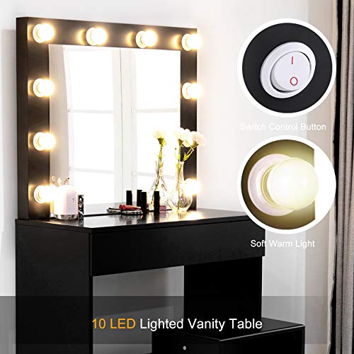 mecor LED Dressing Table Makeup Vanity Table w/10 LED Lights Mirror,Vanity Set with Stool&Drawer,Wood Dressing Table Bedroom Furniture Girls Women Gifts Black - Thumbnail 6