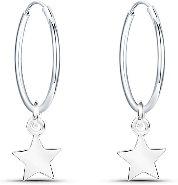 Fu You 925 Sterling Silver Earrings Dangling Star Hoops 14mm Star Hoop Earrings for Women and Girls