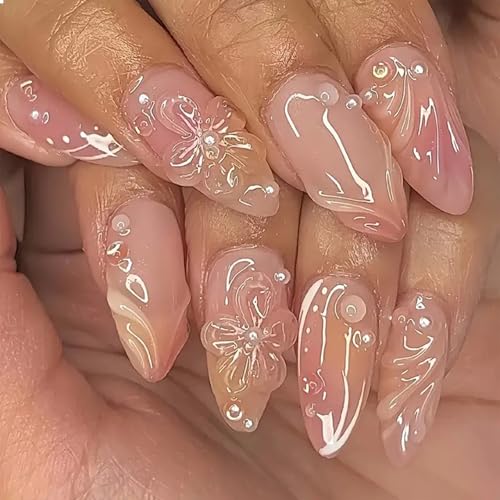GlamRays Lot de 24 faux ongles 3D faits à la main, en acrylique, avec breloques, en forme d'amande, motif fleurs et vagues, dégradé de couleur
