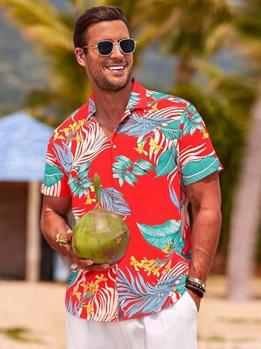 Damipow Hawaiian Shirts for Men Short Sleeve Aloha Beach Shirt Floral Summer Casual Button Down Shirts,Orange49690,4,L — view 2