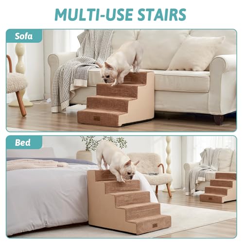 Image of COZY KISS Dog Stairs for Small Dogs 5-Step, 19.7 inch Extra Wide Right-Angle Pet Stairs for Couch and Beds, Anti-Slip Dog Steps for Old Cats and Lowrider, 19.7x29.5x23.6 inch, Light Brown