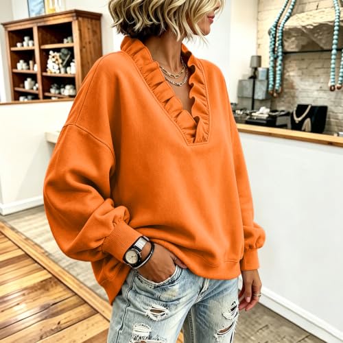 Elneeya Womens Oversized Sweatshirt Vneck Ruffled Vintage Fall Sweatshirt - image 5
