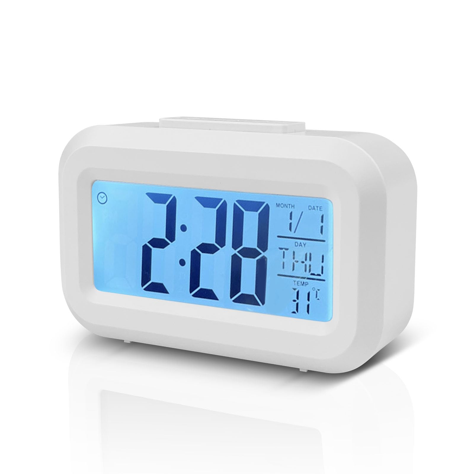 Baxcdyswe Reloj Despertador Digital, Despertador Inteligente, Reloj Mesita de Noche, LED Pantalla Reloj Alarma Inteligente con Temperatura, Función Snooze y Alarma, Reloj Despertador Pilas (Blanco)