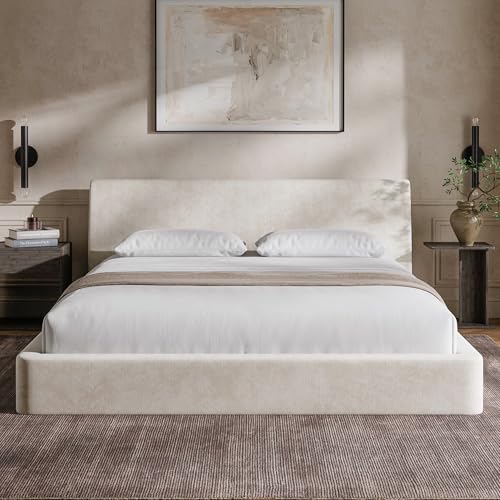 Image of RECCI AirFrame California King Bed Frame with Ergonomic Angled Foam Cushioned Headboard, Minimalist Design Platform Bed Frame, No Box Spring Needed, Easy Assembly (Beige Chenille)