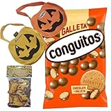 Pack Halloween:conguitos galleta leche bolsa 1kg,molde y bolsa calabaza lacasitos y conguitos