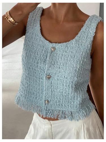 GORGLITTER Women's Tweed Button Up Crop Blazer Vest Sleeveless Fringe Business Casual Work Tank Jacket Tops 20252