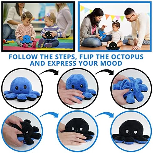 Reversible Octopus Plush Blue- Dual Side Flip Mood Octopus Reversible Plushie- Cute Easter decorations gifts toys for kids, adults- Cotton Stuffed Happy Sad Emotion Octopus Toy Teddy (Black & Blue)