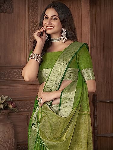 Image of AKHILAM Women's Pink Woven Design Tissue Saree With Unstitched Blouse Piece