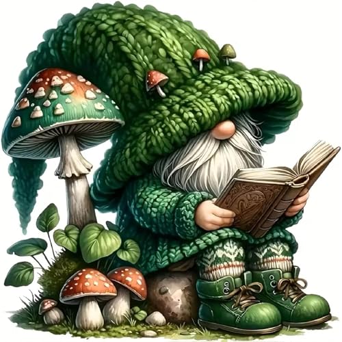 Image of Gnome Stamped Cross Stitch Kits for Adults -Reading Embroidery Kits for Beginners Adults,11 CT Patterns Dimensions Counted Cross Stitch Kits for Adults Arts Craft 14x14 inch